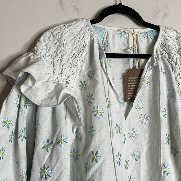 Forever That Girl Anthro | Ruffle-Sleeve Smocked Linen Blouse Size Medium NWT - Picture 3 of 7